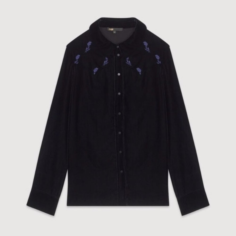 Maje Black Castina Embroidered Velvet Shirt (NWT)